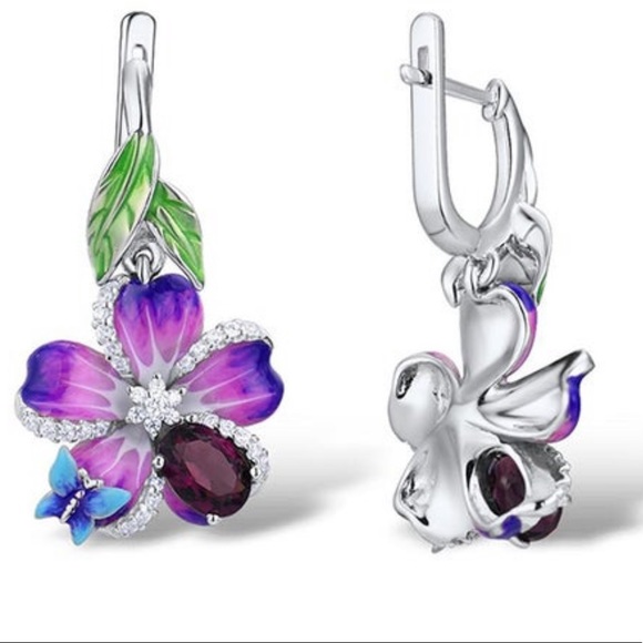 925 Sterling Silver Purple Flower earrings - Picture 3 of 4